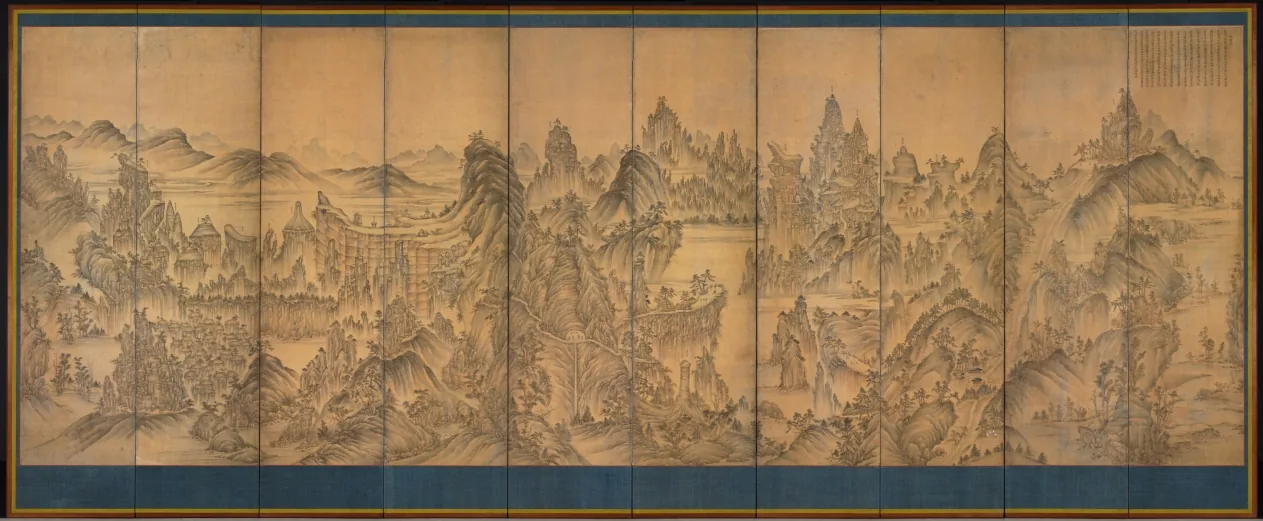 朝鲜王朝晚期十扇屏风《七宝山图》,以鸟瞰视角连续描绘七宝山的峭壁、山峰与山谷