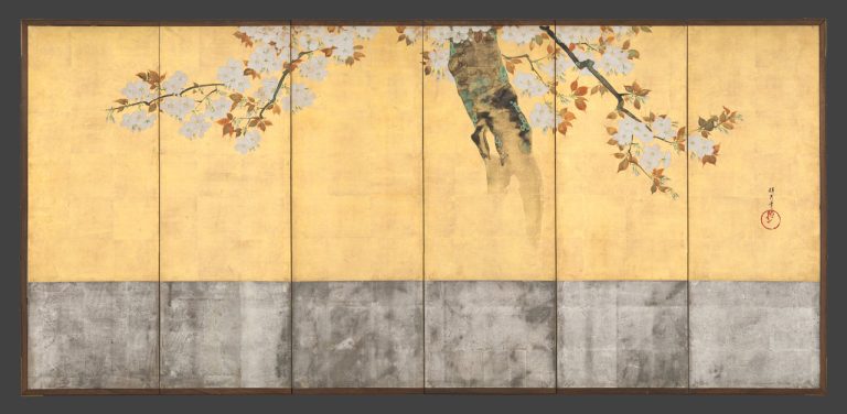 用酒井抱一《樱花图屏风》练习偏心主形、花簇分组与留白面积