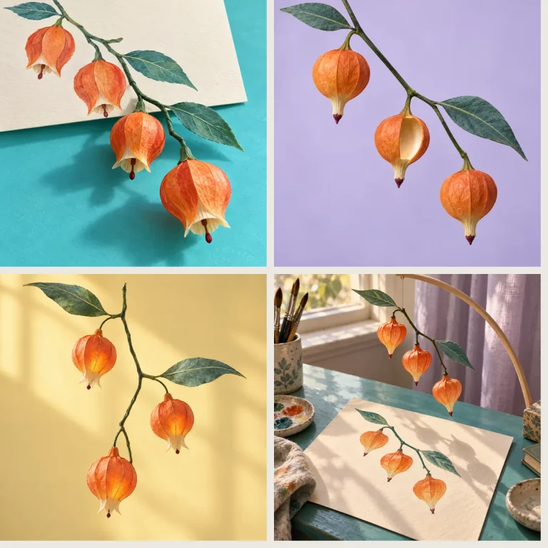 灯笼花从二维插画到三维花枝的四幅 AI 转译示意合图