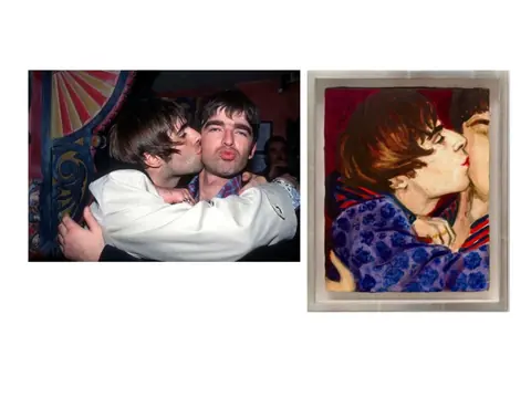 Elizabeth Peyton 涉诉绘画与 Justin Thomas 拍摄的 Oasis 兄弟照片对照图