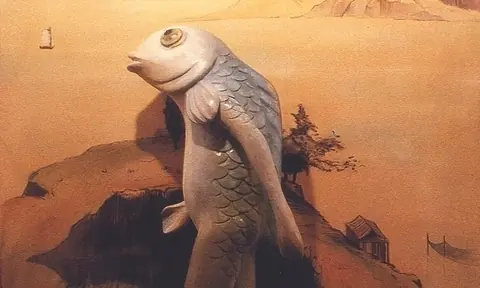 荒漠色调的画面中，一座巨大的鱼形雕塑立于沙地与低矮建筑之间。