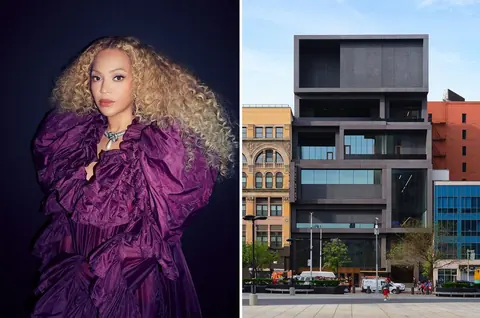 Beyoncé 肖像与哈莱姆 Studio Museum 建筑的并列图像