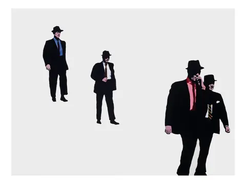 Rosalyn Drexler 1964 年绘画《F.B.I.》,白色背景上排列四名穿西装的男性