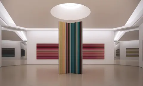 Gerhard Richter 多哈展亭室内效果图,条带作品围绕六边形空间陈列