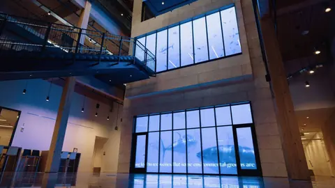 Briger Hall 墙面上投映一条鲸鱼，构成 Maya Lin 多媒体生态展览的一部分