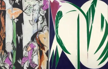 Jackson Pollock 的多色抽象画与 Lee Krasner 的绿色植物形抽象画并置图