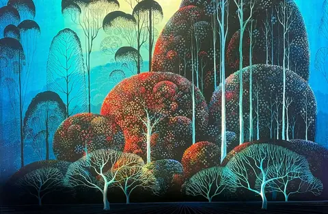 Eyvind Earle 风格化森林风景作品与回顾展信息组合图