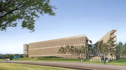 Centre Pompidou Paraná 建筑方案效果图，显示带格栅式外立面的浅色建筑。