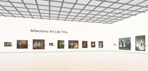 Art Authority Museum 网站的虚拟展厅画面,多幅绘画排列在数字空间的墙面上。