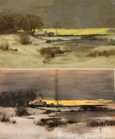 霍珀《Old Ice Pond at Nyack》与 Bruce Crane《Winter Sunset》的上下对照图