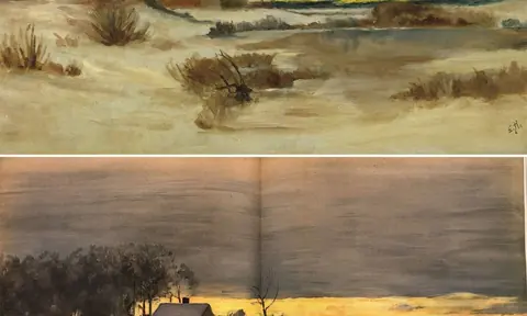 Edward Hopper《Old Ice Pond at Nyack》与 Bruce Crane《Winter Sunset》的对照图