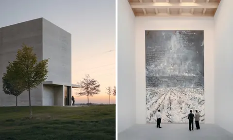 Museum Würth 2 的 Anselm Kiefer 专馆外观与馆内《Schwarze Flocken》并置图
