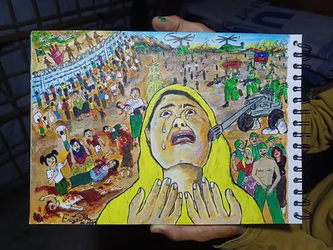 罗兴亚艺术家 Enayet Khan 描绘一名女性经历的绘画作品