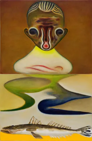 加藤泉个展中带有人形与水域意象的绘画和雕塑