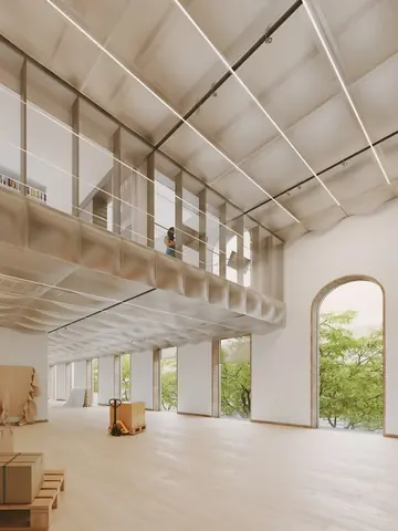 AD—WO 为 Heinz 建筑中心制作的室内效果图,展示高拱窗、双层展厅与浅色木地板